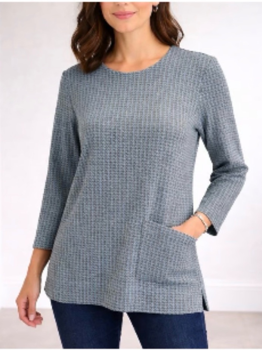 J. Jill Ponte Houndstooth Tunic Blue 3/4 Sleeves Patch Pocket Women PL